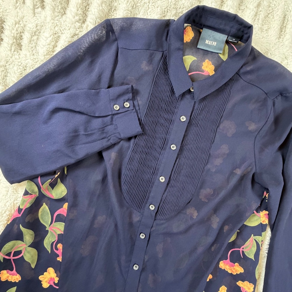 Maeve Anthropologie Navy Floral Sheer Back Pleated Bib Blouse Size 10
